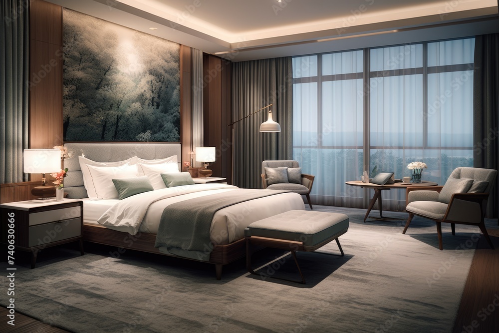 Obraz premium A sumptuous bedroom suite with sophisticated lighting, elegant furniture, and a breathtaking ocean view, offering a sanctuary of relaxation..