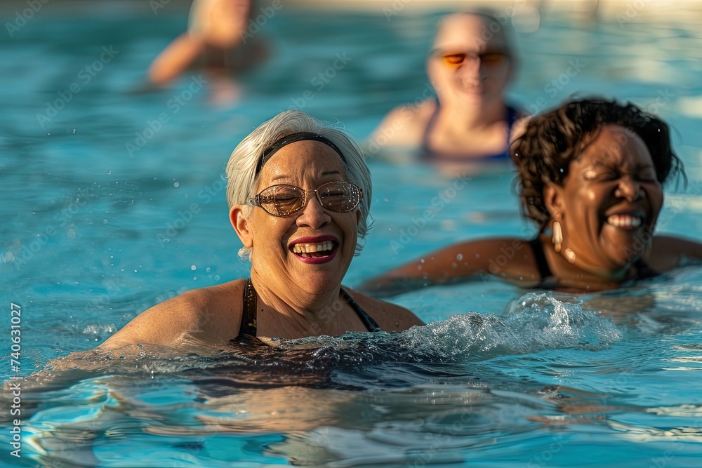 Group of senior multiethnic female friends swimming in a resort pool during summer vacations.