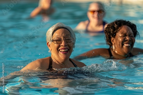 Group of senior multiethnic female friends swimming in a resort pool during summer vacations. © Marcela Ruty Romero