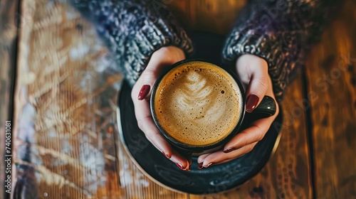 Female hands holding a cup of coffee cappuccino, top view