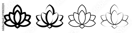Set of lotus flowers line icons. Lotus black silhouette icons. Vector illustration isolated on white background.