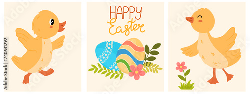 Cute Easter cards set. Cute baby farm birds and eggs. Spring collection. Hand draw Flat cartoon vector illustration for poster, card, scrapbooking, stickers