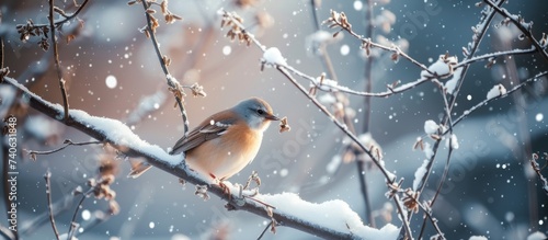 Serene bird perched on snow-covered branch in winter wonderland