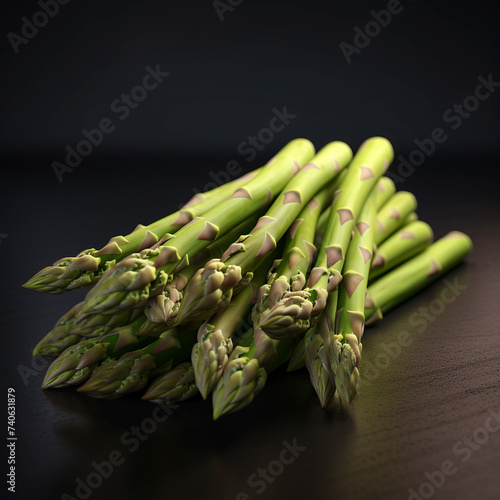 Illustration of a green asparagus bush on a table in dark colors, in the style of minimalist portraits. It looks very fresh and unusual. Food for vegetarians and healthy eating. photo