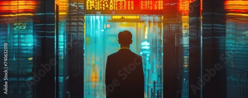 Businessman s silhouette in elevator, double exposure with stock tickers, up and down photo