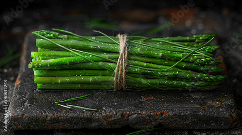 Illustration of a green asparagus bush on a table in dark colors, in the style of minimalist portraits. It looks very fresh and unusual. Food for vegetarians and healthy eating. photo