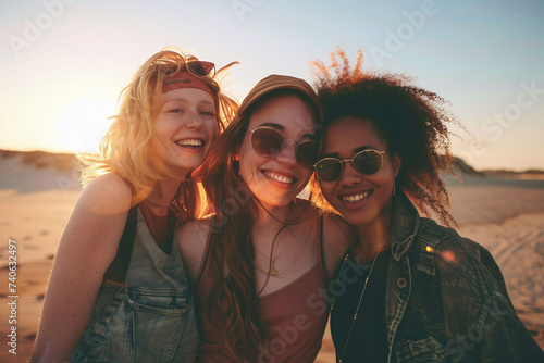 A group of different beautiful young ones in sunglasses on the beach on a summer day. Selfie portrait on wide angle from below.