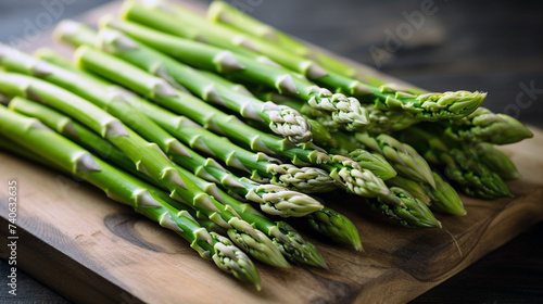 Illustration of a green asparagus bush on a table in dark colors, in the style of minimalist portraits. It looks very fresh and unusual. Food for vegetarians and healthy eating. photo