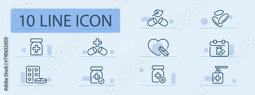 Medicine set line icon. Tablet, blister, heart, tick, cross, calendar, antiseptic. Pastel color background. Vector line icon for business and advertising