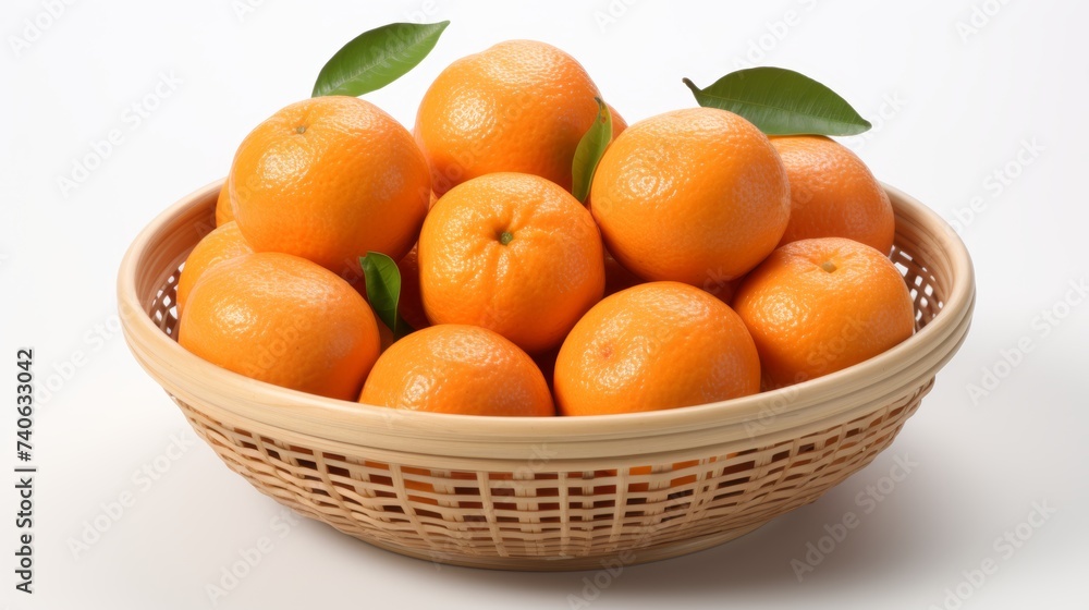 Basket of clementine mandarins on white background, creating a fresh and appealing display. Basket of clementine mandarins on white background, creating a fresh and appealing display.