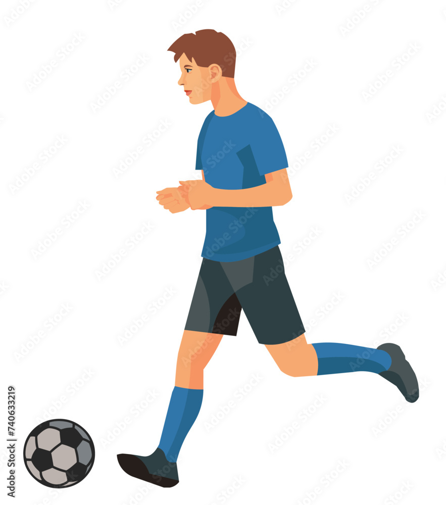 Vector isolated boy figure of a school football player in blue sports equipment in profile runs after the ball