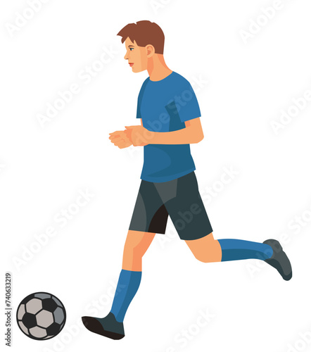 Fototapeta Naklejka Na Ścianę i Meble -  Vector isolated boy figure of a school football player in blue sports equipment in profile runs after the ball