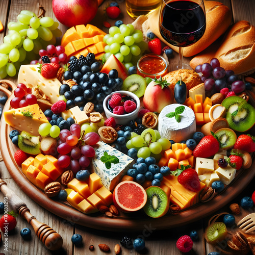 A delicious and colorful food platter with fruits  cheese  bread  and wine  fruits  plate  fresh  apple  crumble  Ai generated 