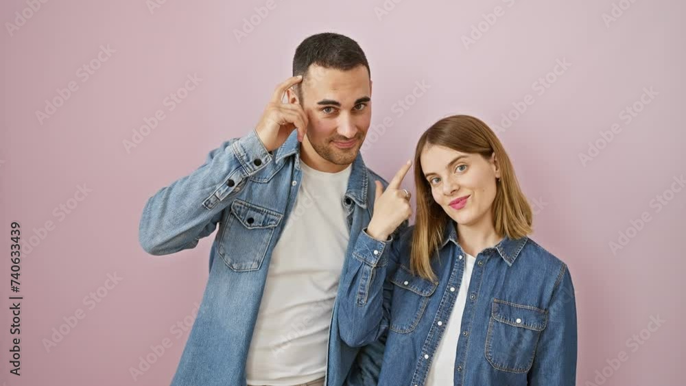 Smart and beautiful couple, standing confident in denim shirts over isolated pink background, pointing finger to head with a great idea or happy memory, smiling in love Smart and beautiful couple, standing confident in denim shirts over isolated pink background, pointing finger to head with a great idea or happy memory, smiling in love