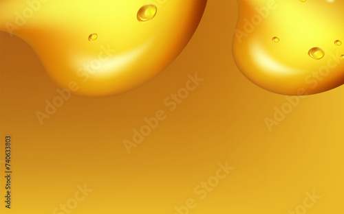 Background with spreading yellow petrol spots.Set of liquid golden drops of water, honey or oil. Collagen cosmetic essence. Organic serum or argan bubbles.