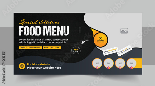 Modern & creative fast food or restaurant food business social media cover design or web banner template layout vector