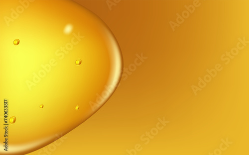 Background with spreading yellow petrol spots.Set of liquid golden drops of water, honey or oil. Collagen cosmetic essence. Organic serum or argan bubbles.