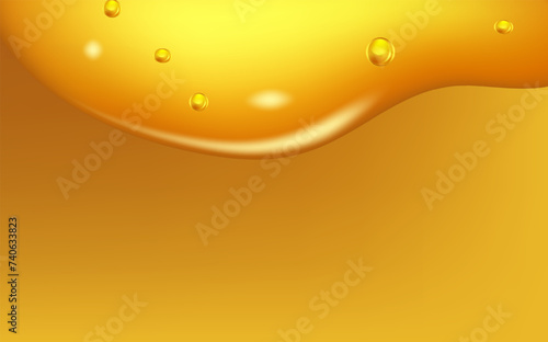 Background with spreading yellow petrol spots.Set of liquid golden drops of water, honey or oil. Collagen cosmetic essence. Organic serum or argan bubbles.