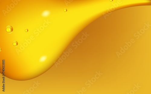 Background with spreading yellow petrol spots.Set of liquid golden drops of water, honey or oil. Collagen cosmetic essence. Organic serum or argan bubbles.