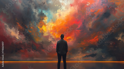 Faith Heavenly background Man looking at abstract painting artwork spiritual meditation inspiration, Generative Ai