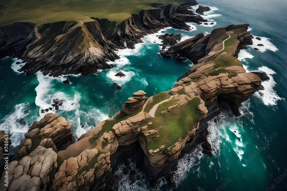 /imagine A remote-controlled drone capturing stunning aerial footage of a coastal cliffside, with crashing waves and rugged rocks, providing a breathtaking view from above.