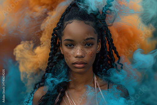Retrato artístico de mujer africana con polvo y humo de colores photo
