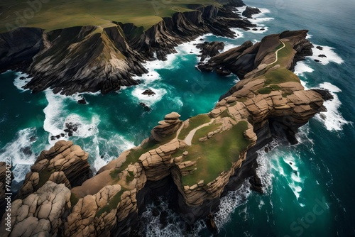 Obraz na płótnie /imagine A remote-controlled drone capturing stunning aerial footage of a coastal cliffside, with crashing waves and rugged rocks, providing a breathtaking view from above. w salonie