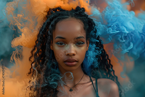 Retrato artístico de mujer africana con polvo y humo de colores