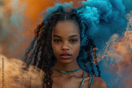 Retrato artístico de mujer africana con polvo y humo de colores photo