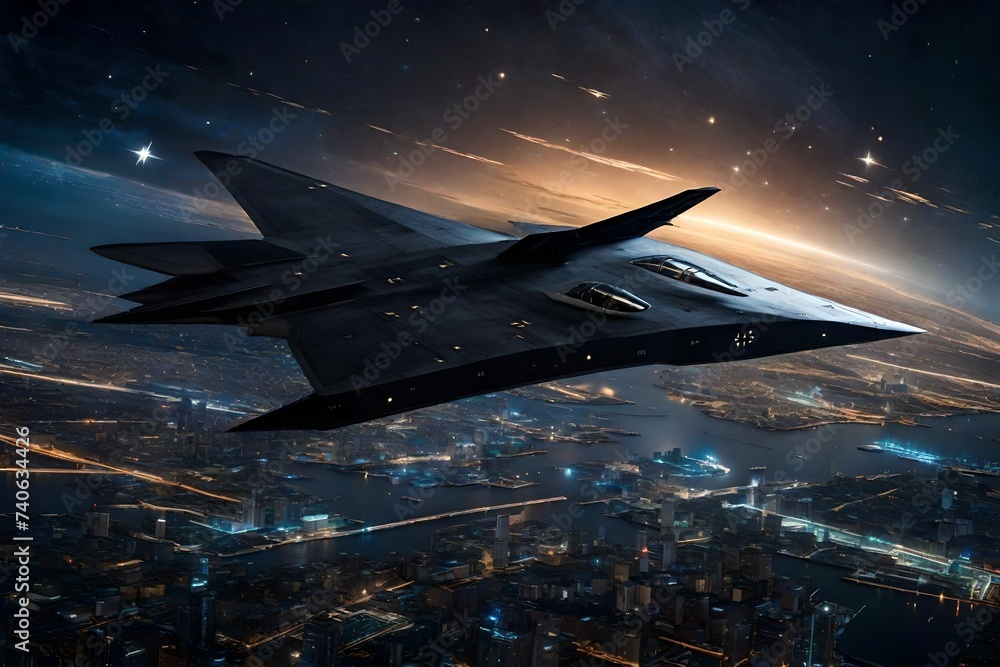 A stealth bomber stealthily gliding through the night sky, its sleek silhouette barely visible against the backdrop of twinkling stars and distant city lights.