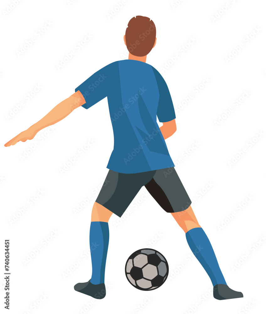 Vector isolated boy figure of a teenager football player in a blue sports uniform T-shirt stands with his back and catches the ball