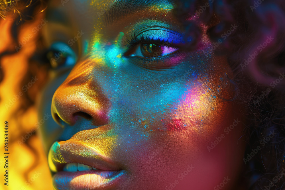 Retrato artístico de mujer africana con polvo y humo de colores - obrazy, fototapety, plakaty 