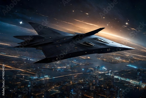 Obraz na płótnie A stealth bomber stealthily gliding through the night sky, its sleek silhouette barely visible against the backdrop of twinkling stars and distant city lights. w salonie
