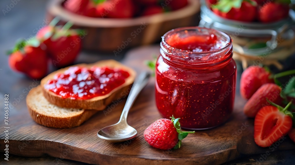 Sweet and healthy strawberry fruit jam in a glass jar on a wooden board on the kitchen table next to the spoon and a whole grain bread for nutritious dessert vegan meal. Homemade organic marmalade Sweet and healthy strawberry fruit jam in a glass jar on a wooden board on the kitchen table next to the spoon and a whole grain bread for nutritious dessert vegan meal. Homemade organic marmalade