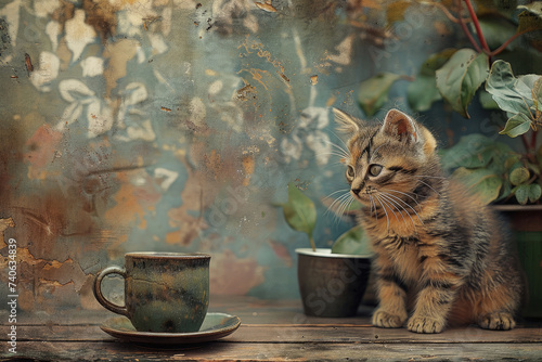 un gatito adorable sentado junto a una taza sobre una mesa, al estilo de inspiraciones paisajísticas