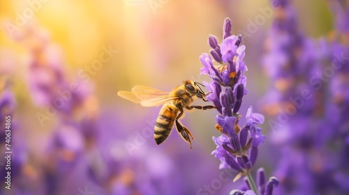 Closeup of a bee insect on a beautiful violet purple lavender flower in the field  sunny summer or spring day blossoming  herbal aroma  hive pollination