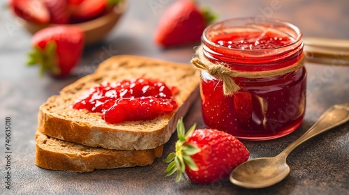 Sweet and healthy strawberry fruit jam in a glass jar on a wooden kitchen table next to the spoon and a whole grain bread for nutritious dessert vegan meal. Homemade organic marmalade  photo