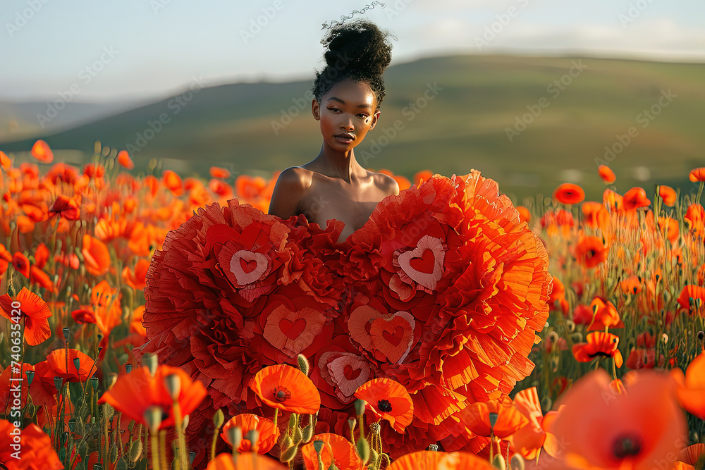 una fotografía editorial de moda de alta costura de San Valentín, mujer afroamericana con un vestido de abrigo de burbujas rojo de gran tamaño con forma de corazón, formas de corazón en 3D - obrazy, fototapety, plakaty 