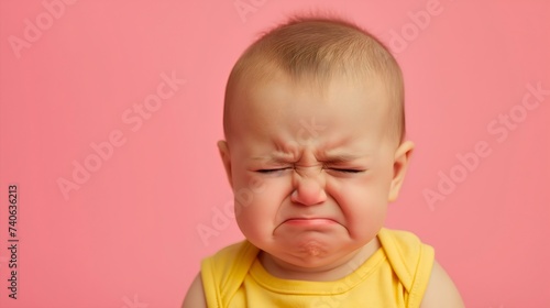Unhappy and dissatisfied toddler baby isolated on a pink studio background. Crying kid or child showing frustration and negative emotion, hungry and upset, nervous face expression photo