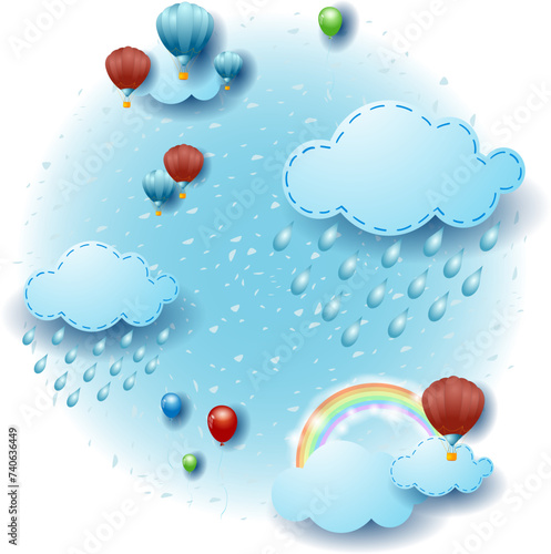 Sky landscape with clouds and rain, fantasy illustration. Vector eps10
