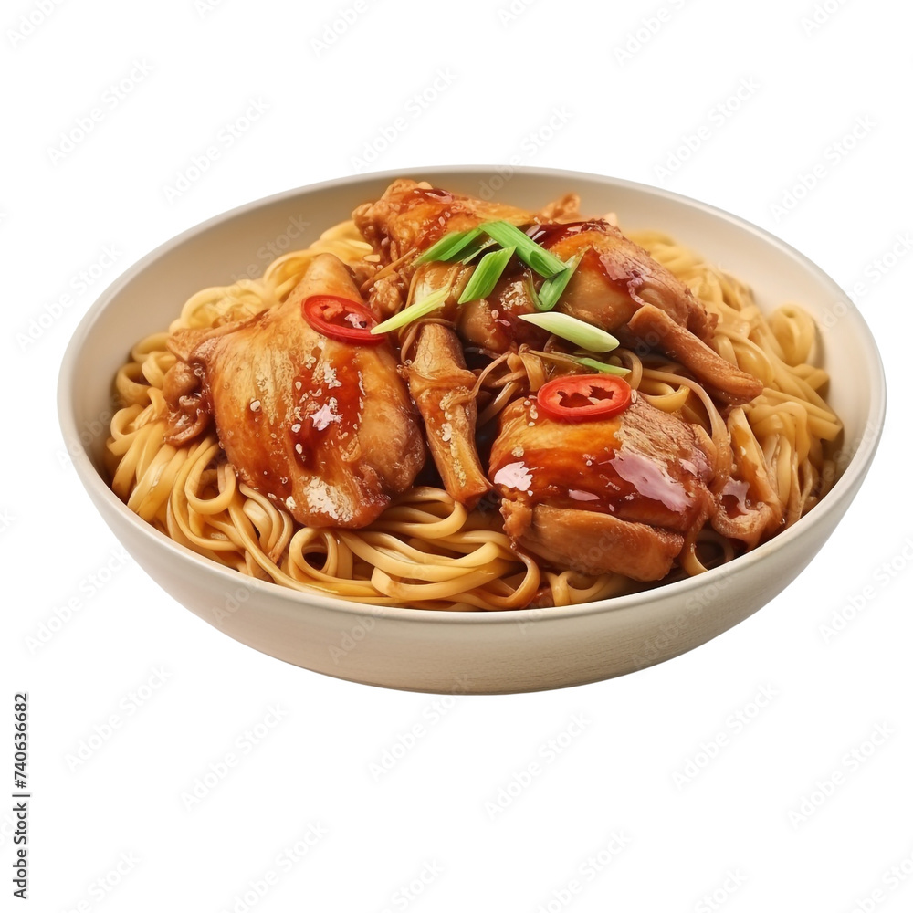 Noodles with reddish chicken leg piece isolated on transparent background Noodles with reddish chicken leg piece isolated on transparent background