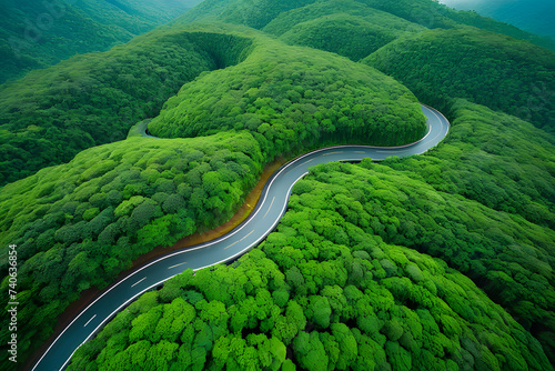 aerial perspective of a stunning curved road winding through lush green forests, winding road in the mountains, generative AI 