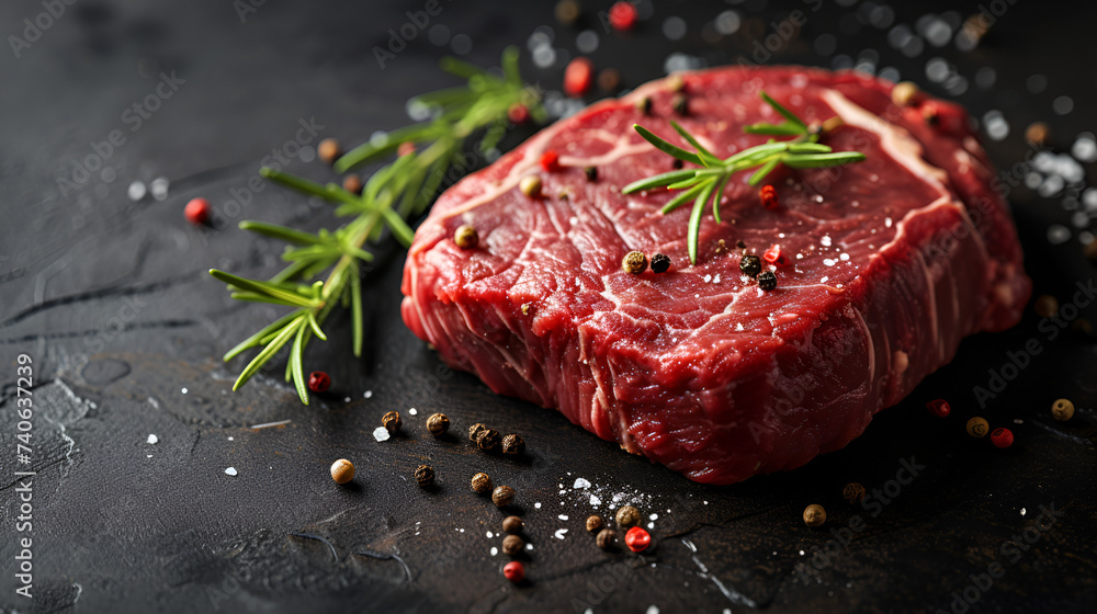 Fresh raw steak peppercorns sprig rosemary meat beef cooking ingredient culinary, Generative Ai

