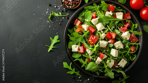 Fresh Salad Arugula Cheese Healthy Diet Organic Vegetables Culinary Culinary Food Black Background, Generative Ai