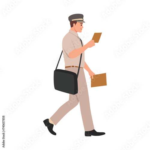Cheerful postman with parcels and letter walking side view while reading the address on the letter. Flat vector illustration isolated on white background
