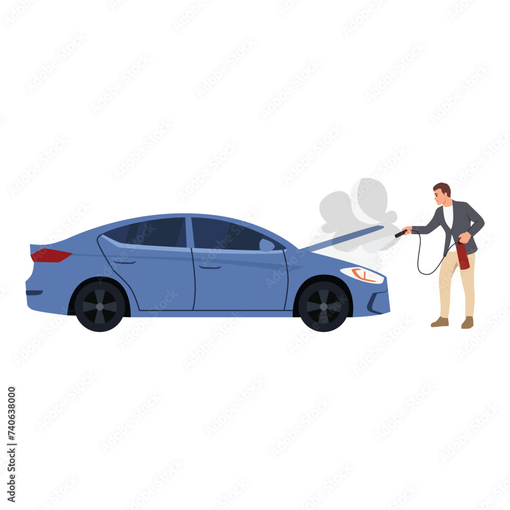 A driver with a fire extinguisher trying to put out the fire in a car engine. Flat vector illustration isolated on white background