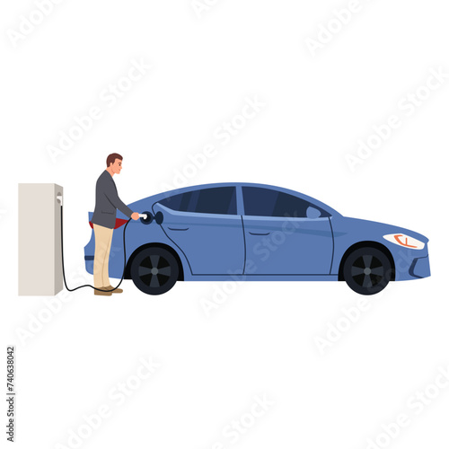 Electric car charging at the charger station with a young man. Flat vector illustration isolated on white background