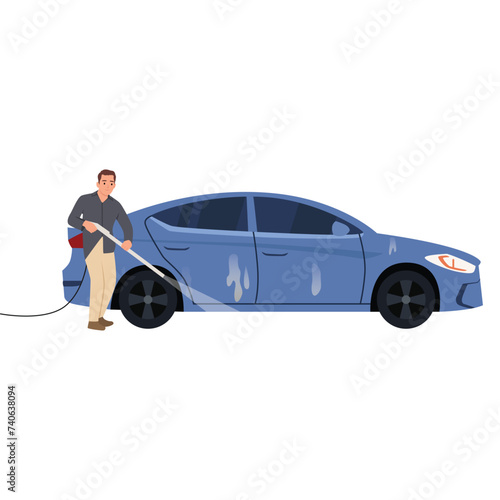 Man Washing his Car with water Gun for car wash. Flat vector illustration isolated on white background