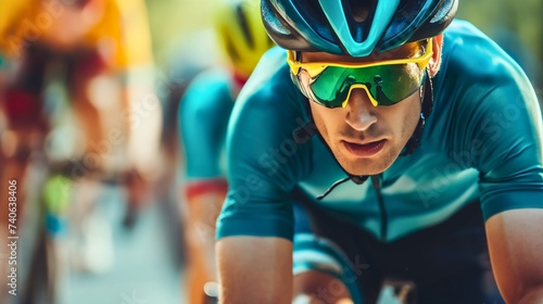 Professional male cyclist wearing sunglasses, safety helmet and a sport uniform, riding a bike, athlete in motion on a sunny summer day, other competitors blurred in the background, race event photo