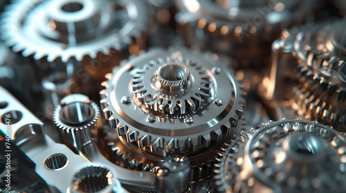 Gears cogs complex mechanism disassembled metal industrial machinery engineering parts, Generative Ai

